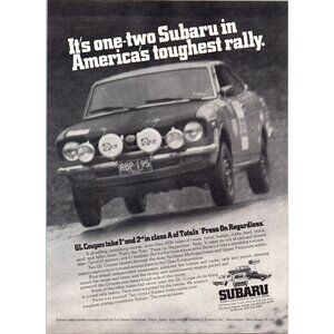 1973 Subaru GL 2 Door Coupe Vintage Print Ad Road Rally Race Car 70s Wall Art